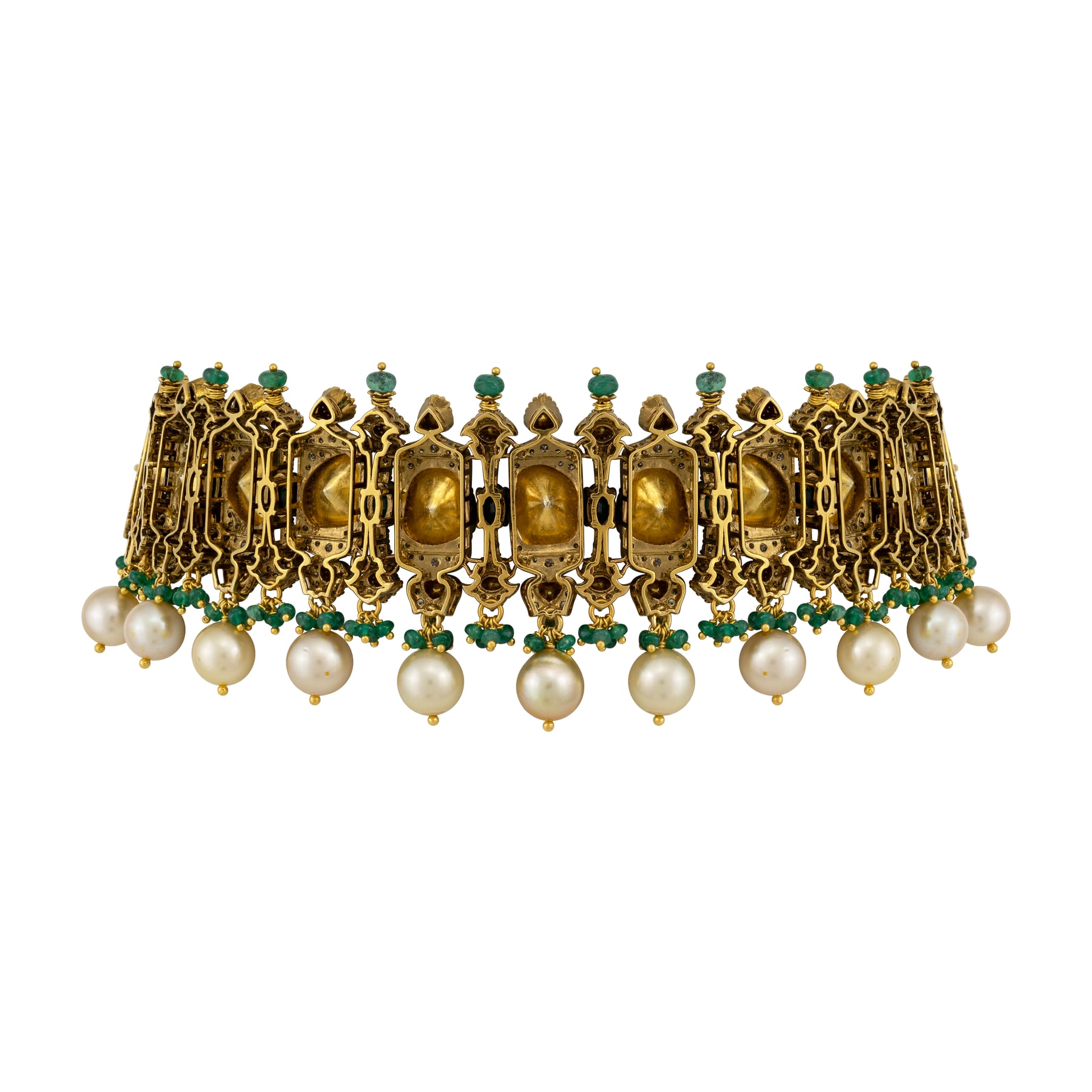 Antique Polki Choker with Emerald and Pearl Fringe